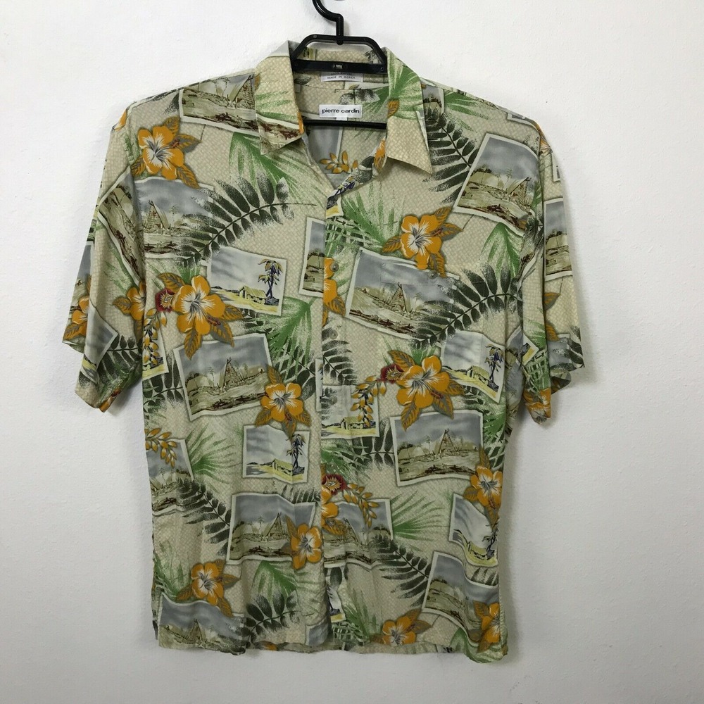 Pierre Cardin Hawaiian Shirt Size L Rayon Mens Multicolor Floral Short Sleeve
